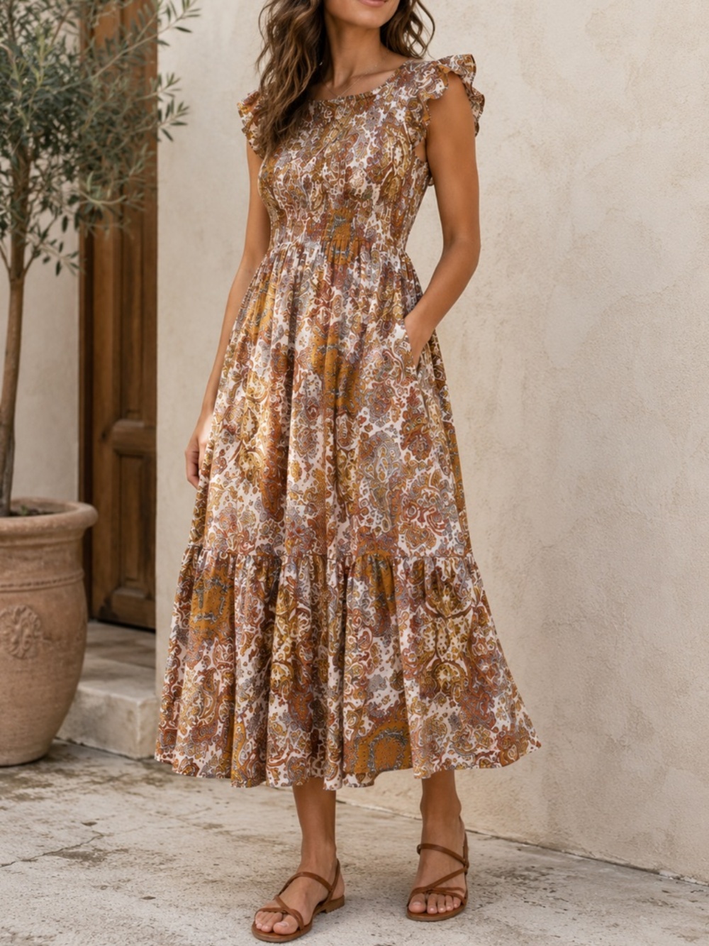 Code X Mode Smocked Paisley Print Midi Dress Pockets Boho Cottagecore Small